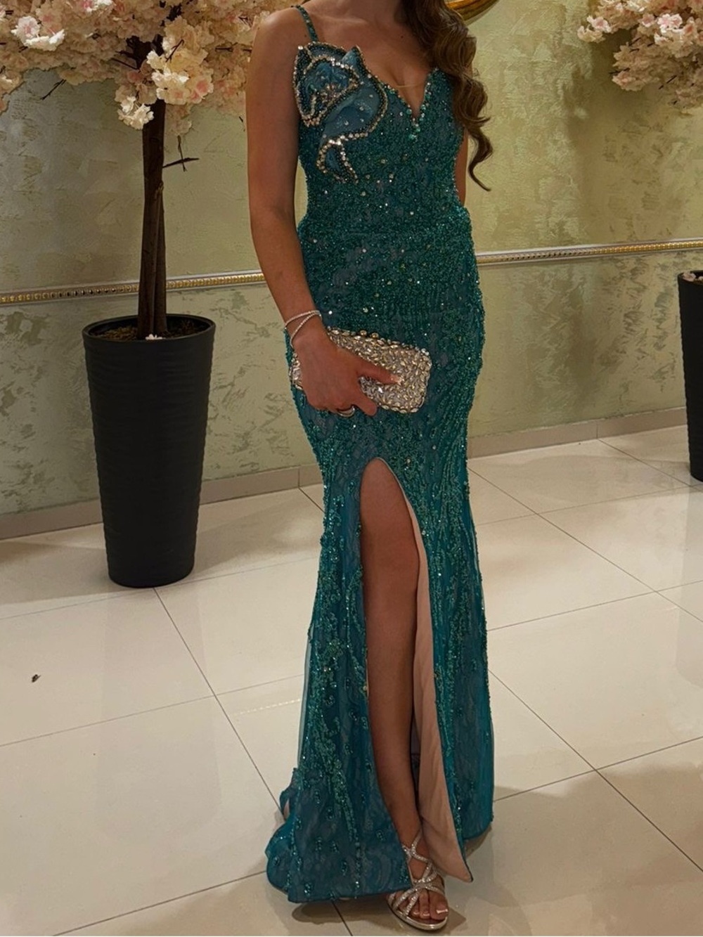 Beaded Teal Prom Gown with High Thigh Slit